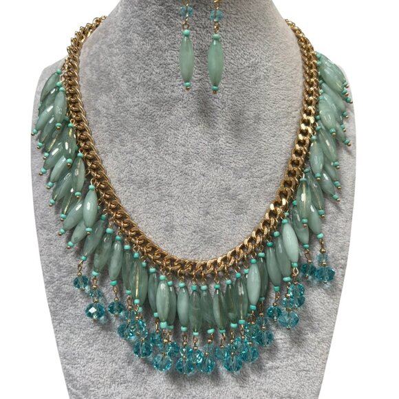 Blue Lucite Drops With Fcated Glass Bead Gold tone Finish Necklace Earring - Picture 1 of 2